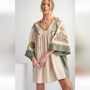New Easel Embroidered Boho Floral Poly Linen Woven Dress